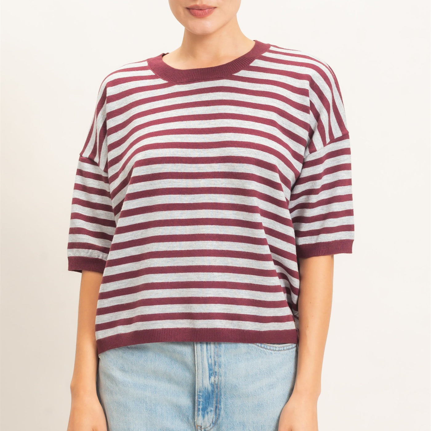 Wholesale Striped Crew Neck Sweater Sweaters HF26E234 WINE HYFVE