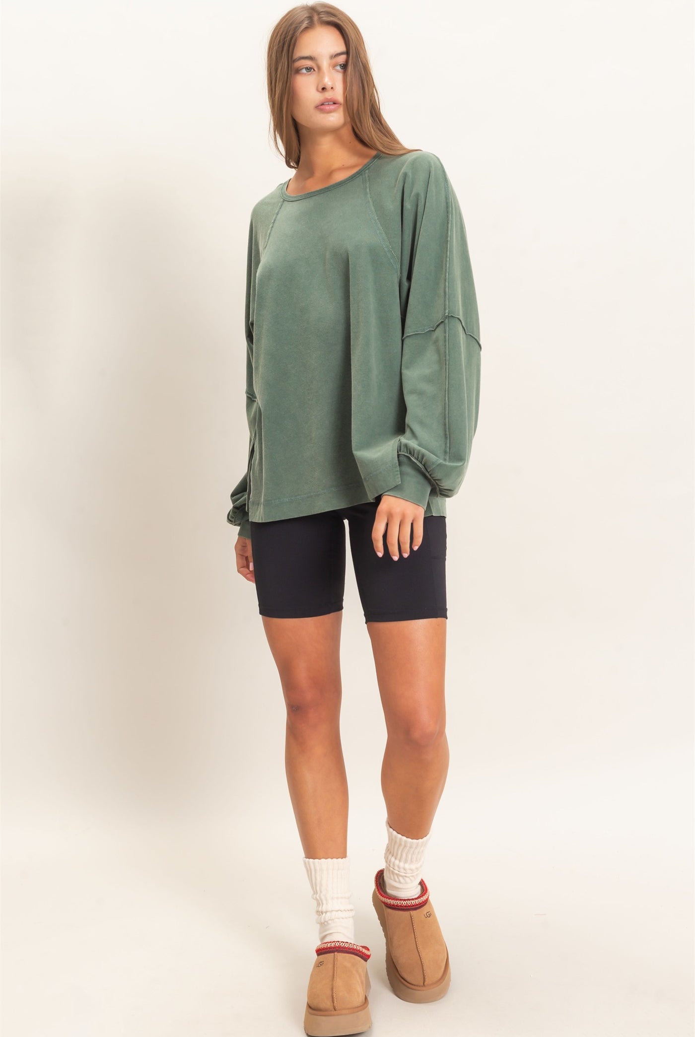 Wholesale Raglan Sleeve Snow Wash Top Shirts DZ26E945 DARK GREEN DOUBLE ZERO