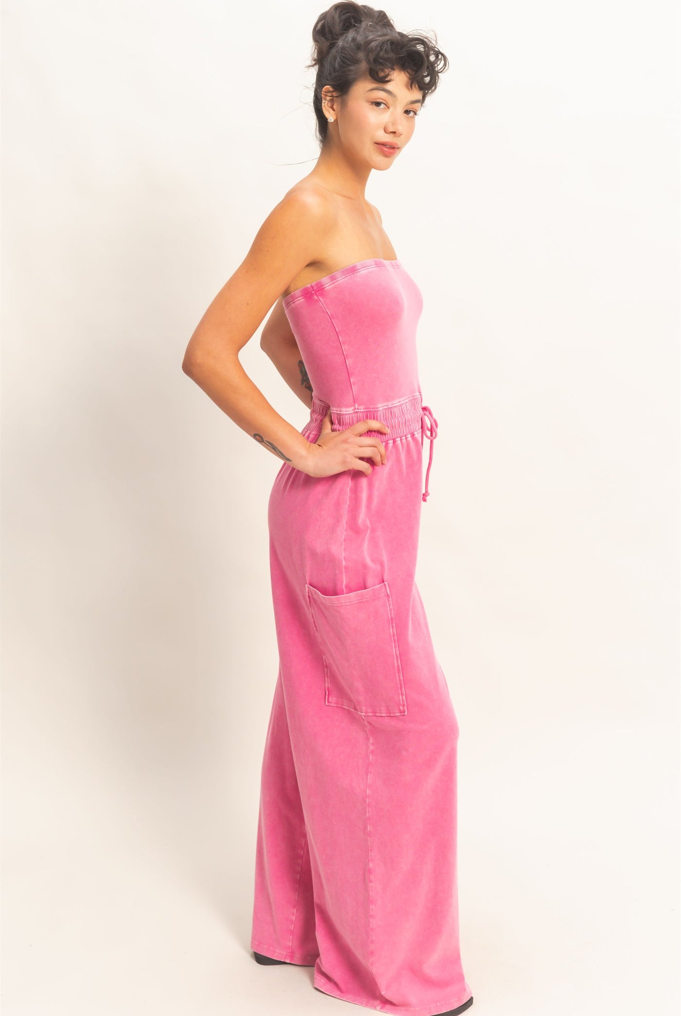Wholesale Mineral Wash Strapless Wide-Leg Jumpsuit Clothing DZ26C376 FUCHSIA DOUBLE ZERO