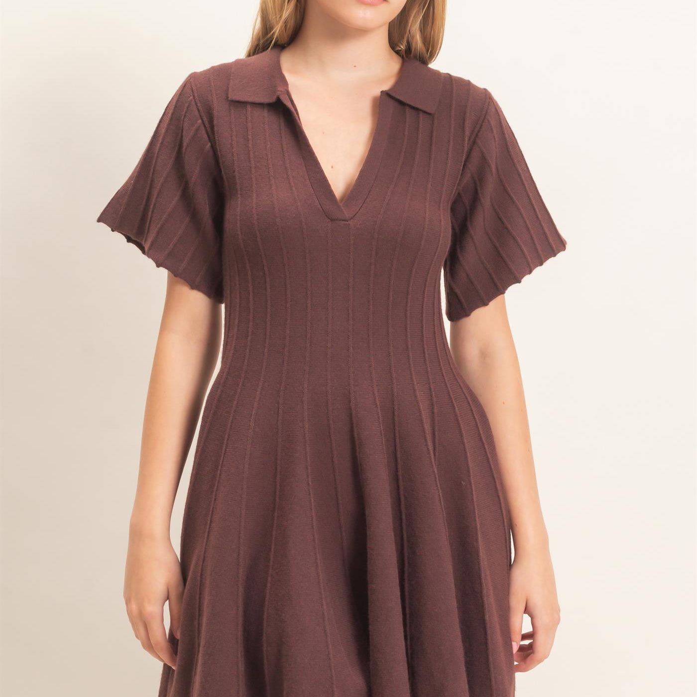 Wholesale Ribbed Knit Collared Dress Dresses HF26E365 CHESTNUT HYFVE