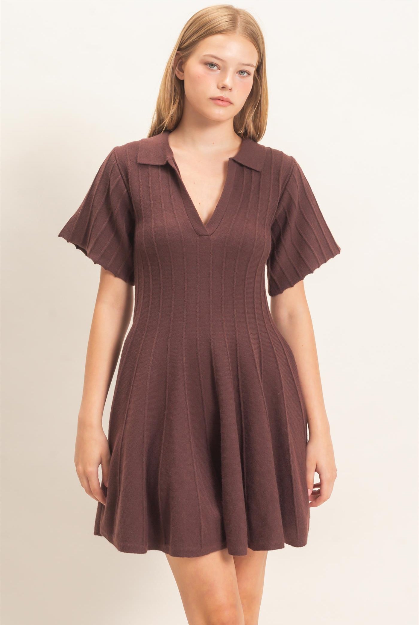 Wholesale Ribbed Knit Collared Dress Dresses HF26E365 CHESTNUT HYFVE