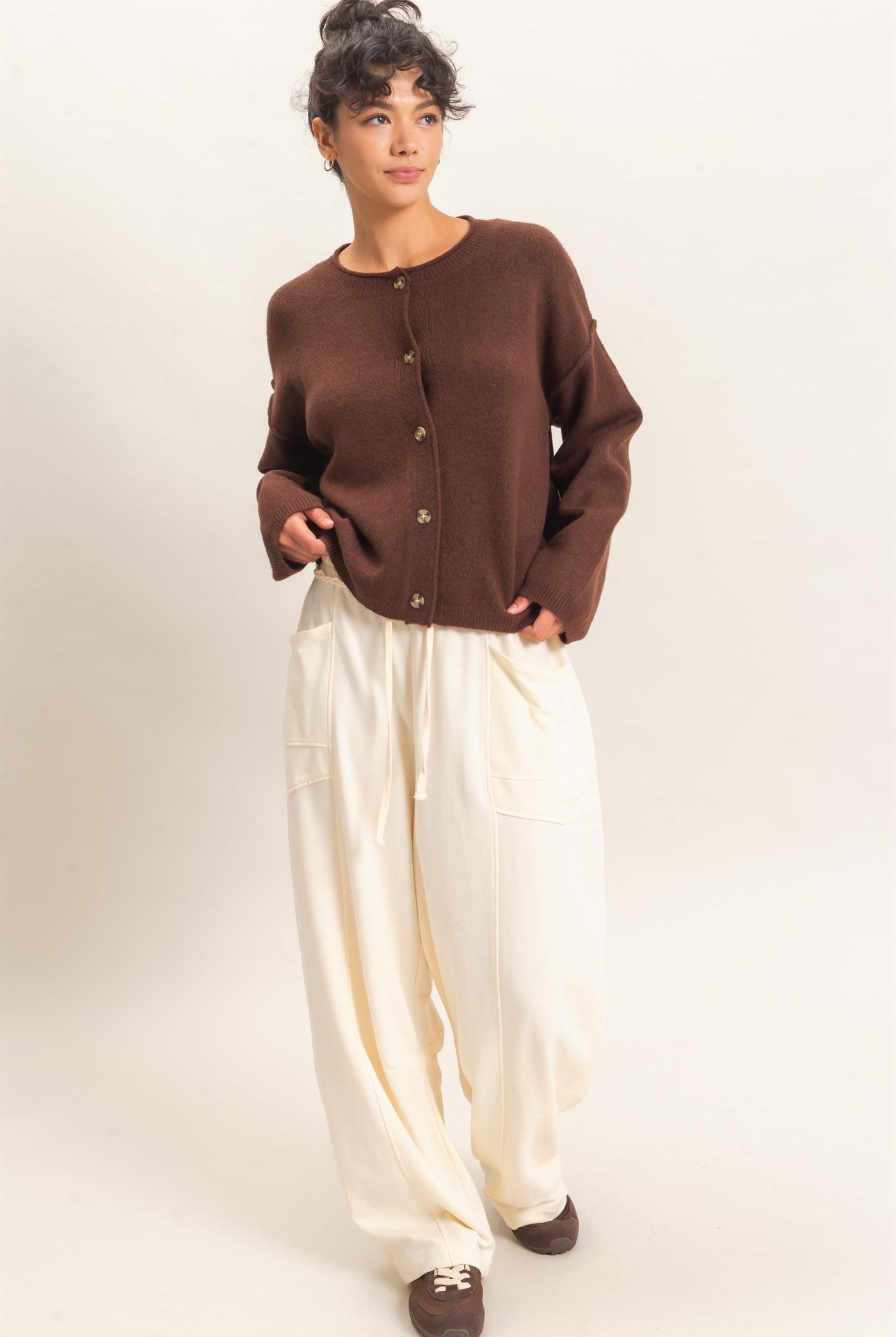 Wholesale Crew Neck Loose Fit Cardigan Cardigans DZ26E269 DARK BROWN DOUBLE ZERO