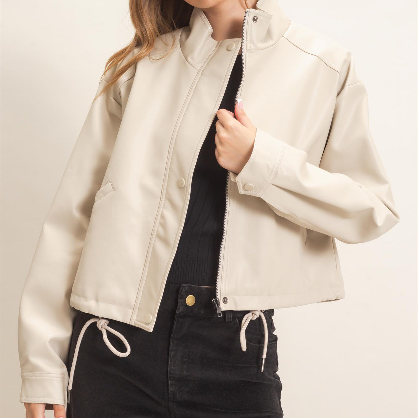 Wholesale Faux Leather Jacket With Stand Collar Bomber Jackets HF25F452 OATMEAL HYFVE