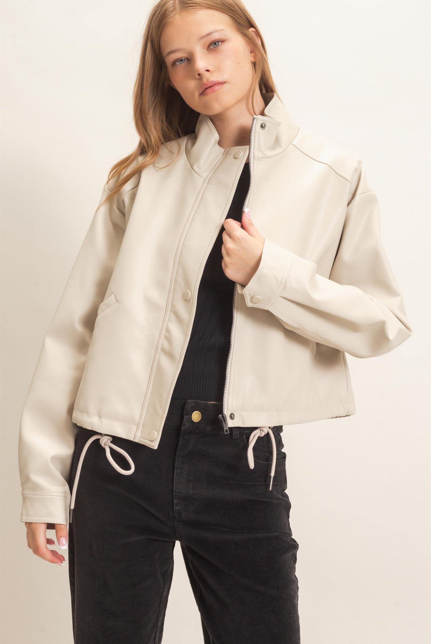 Wholesale Faux Leather Jacket With Stand Collar Bomber Jackets HF25F452 OATMEAL HYFVE