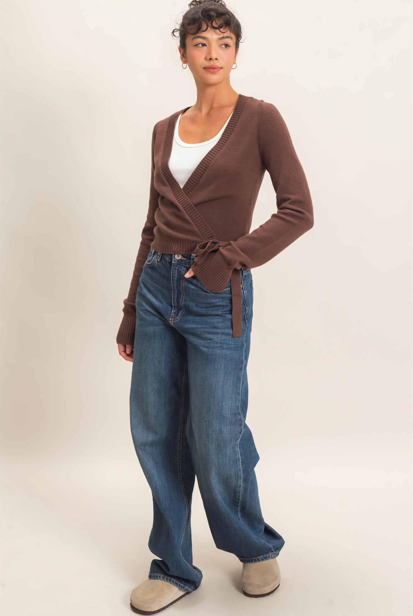 Wholesale Wrap Knit Cardigan Sweaters DZ26F393 DARK BROWN DOUBLE ZERO