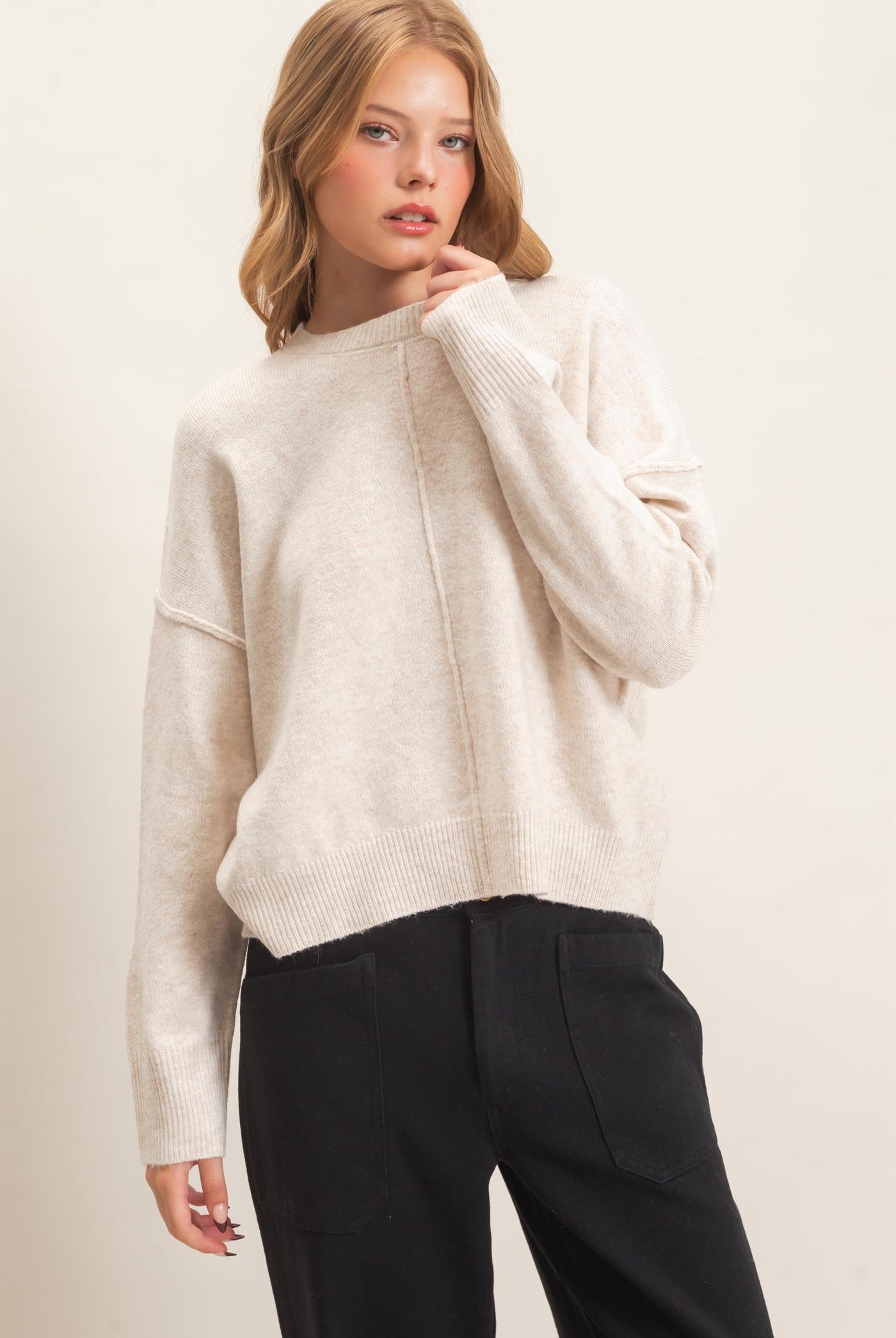 Wholesale Crew Neck Sweater With Ribbed Hem Sweaters HF26E203-D OATMEAL HYFVE