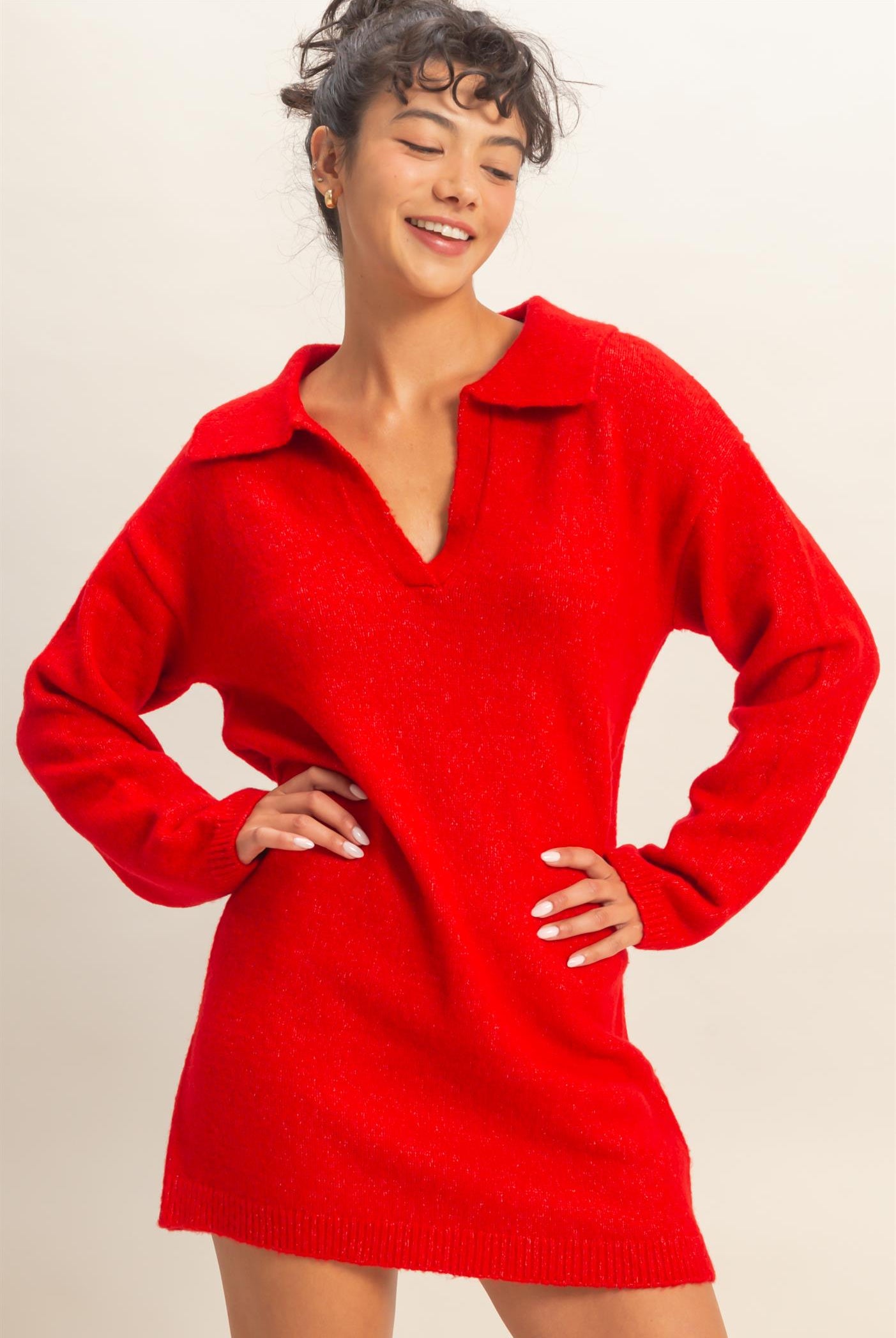 Wholesale Sophisticated Polo Long Sleeve Sweater Dress Dresses DZ25E838 RED DOUBLE ZERO