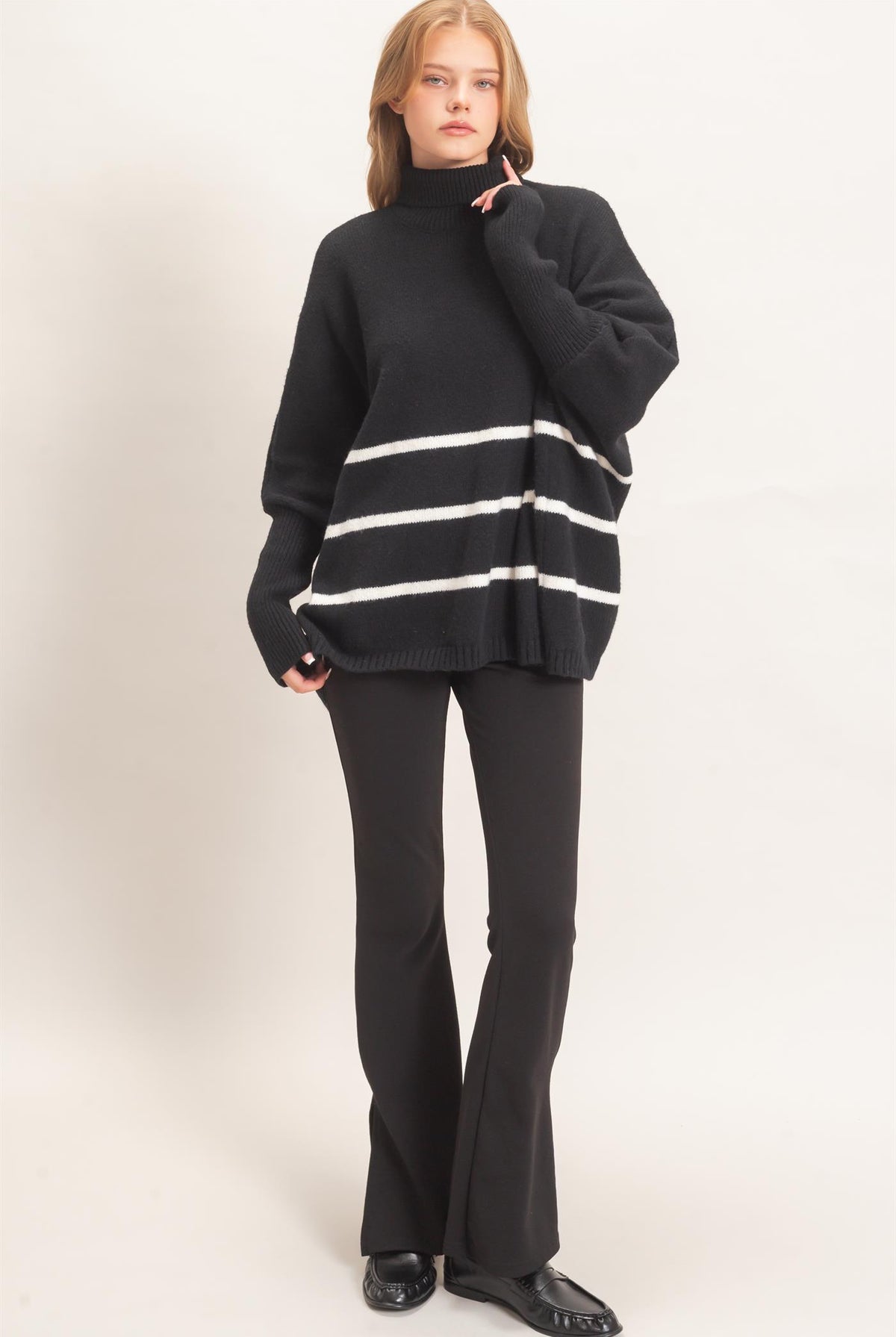 Wholesale Striped Turtleneck Poncho Sweater Sweaters HF26F194 BLACK HYFVE
