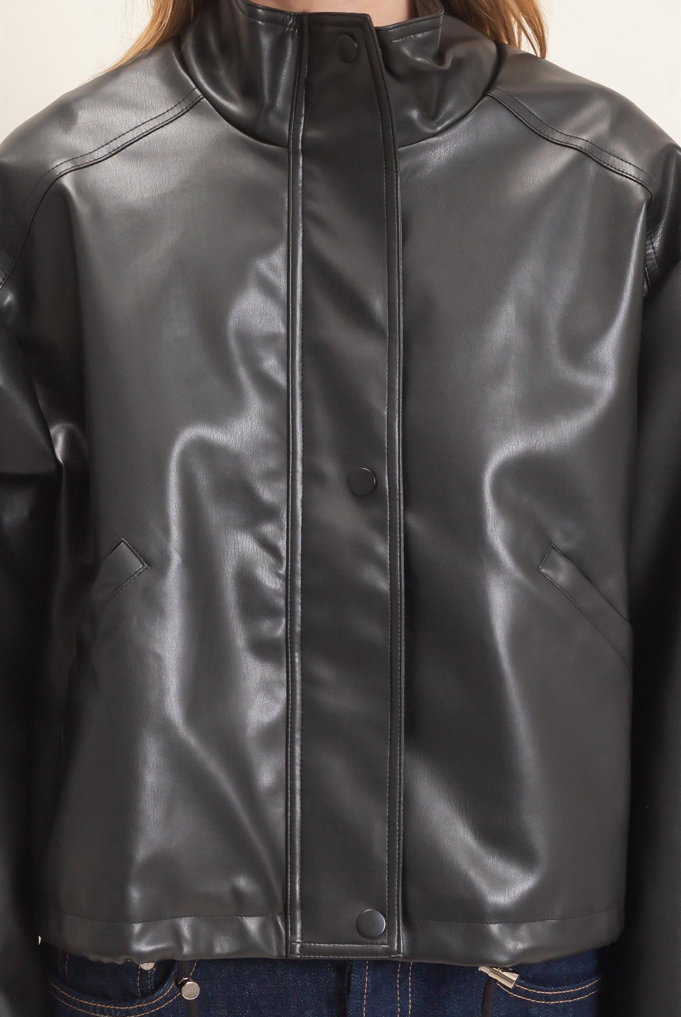 Wholesale Faux Leather Jacket With Stand Collar Bomber Jackets HF25F452 BLACK HYFVE