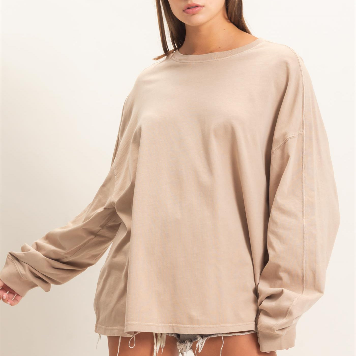 Wholesale Pigment Dye Oversized Long Sleeve Top Clothing Tops DZ26A825 TAUPE DOUBLE ZERO
