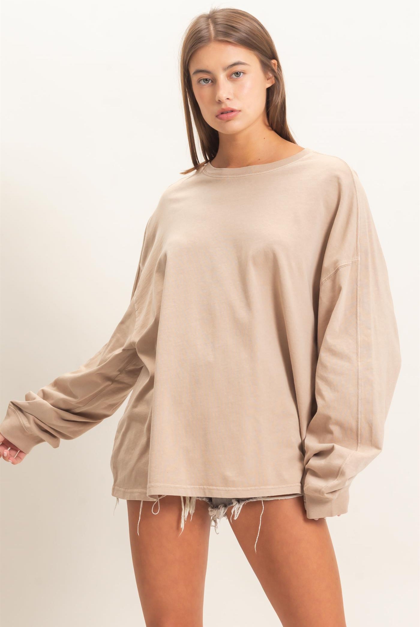 Wholesale Pigment Dye Oversized Long Sleeve Top Clothing Tops DZ26A825 TAUPE DOUBLE ZERO
