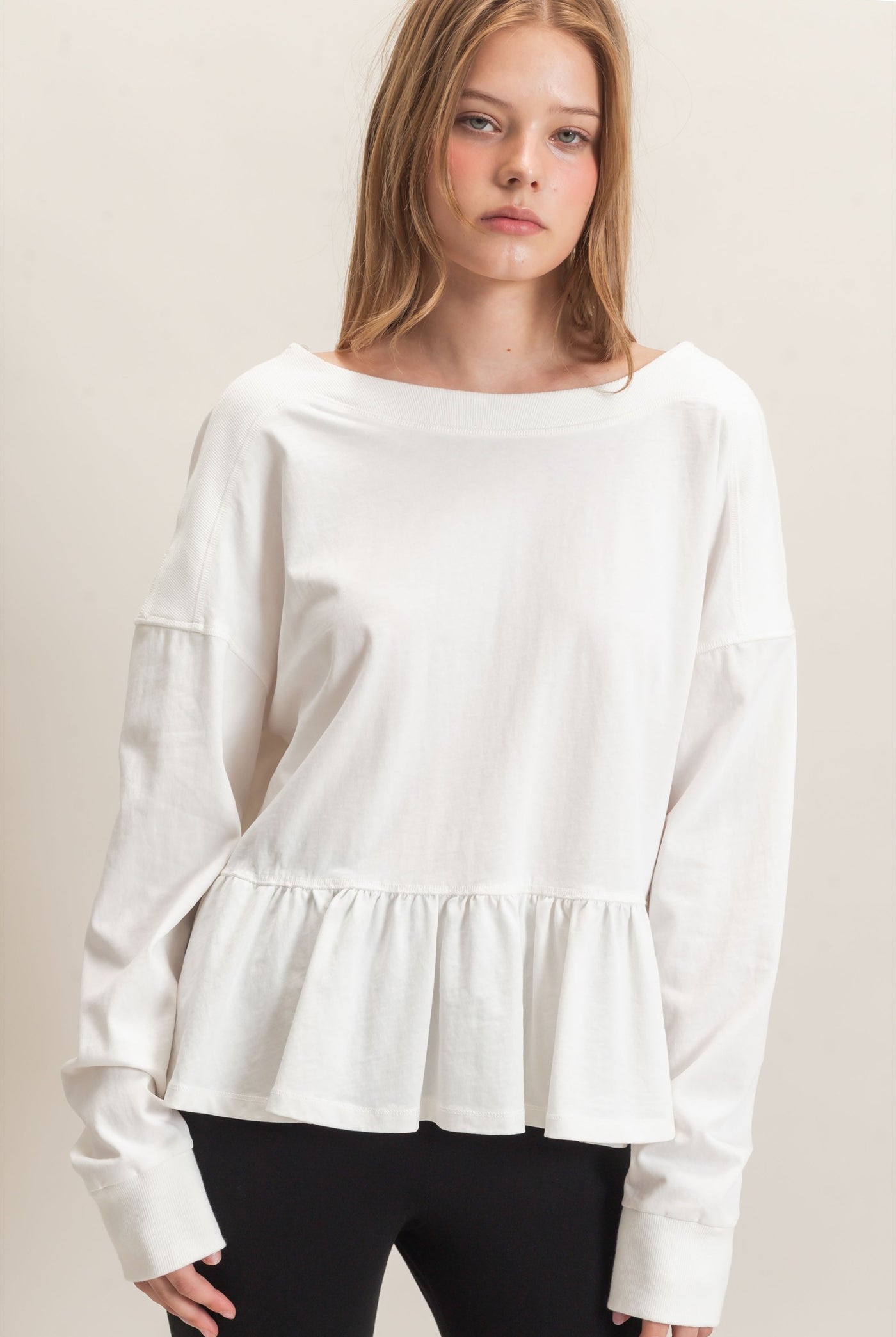 Wholesale Ruffled Hem Long Sleeve Top Clothing Tops HF26E065 OFF WHITE HYFVE