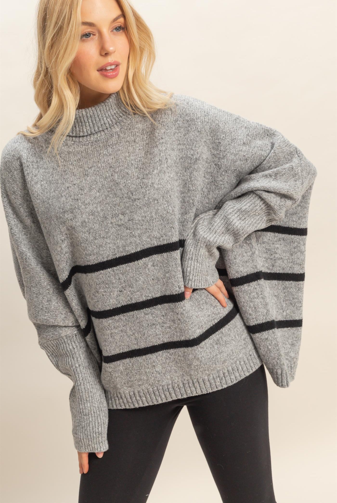 Wholesale Striped Turtle Neck Oversized Sweater Sweaters HF25F290 HEATHER GRAY HYFVE