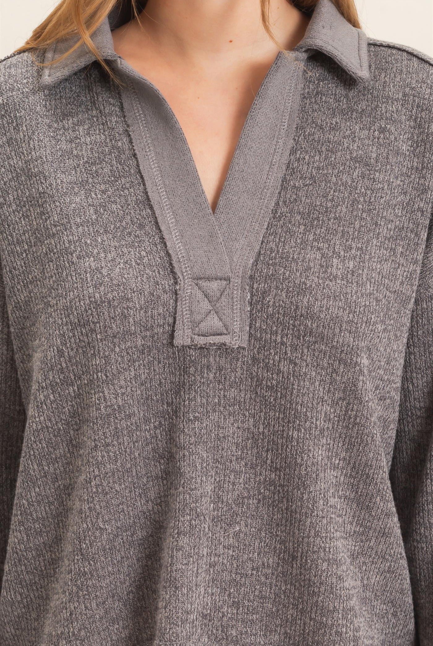 Wholesale Ribbed Collared Pullover Top Clothing Tops HF26E472 GRAY HYFVE