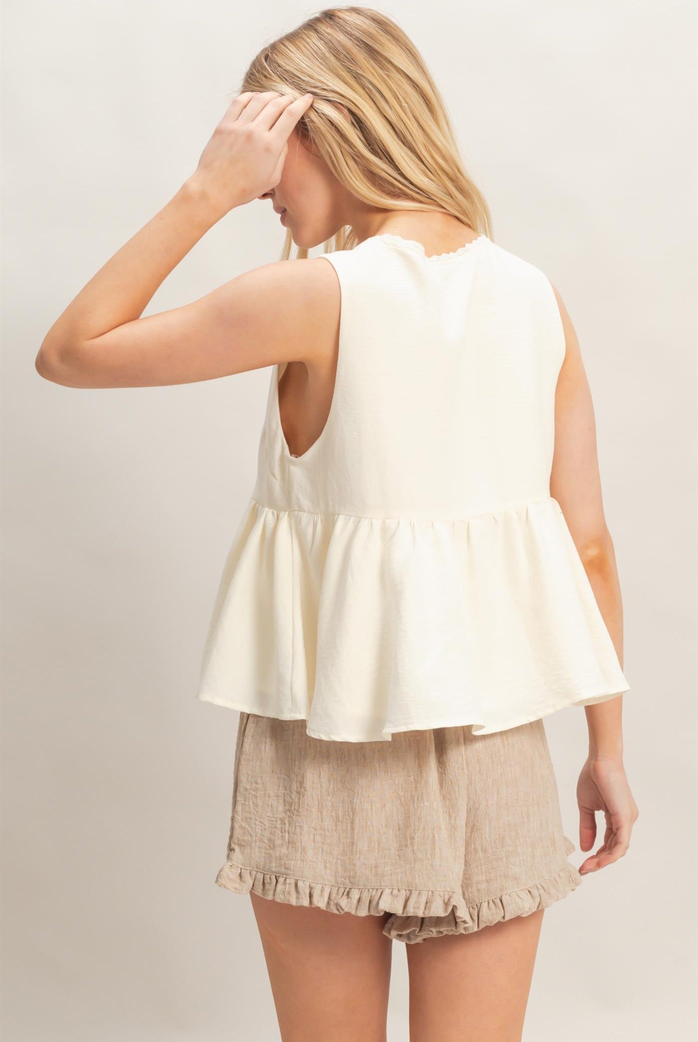 Wholesale Lace Trim Tie Front Top Clothing Tops HF26C100-D OFF WHITE HYFVE