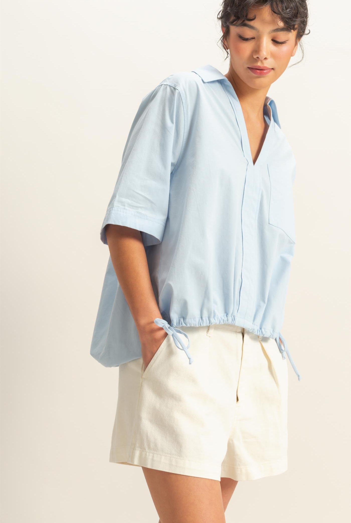 Wholesale Bubble Hem Relaxed Fit Shirt Polos DZ25E081 ICE BLUE DOUBLE ZERO