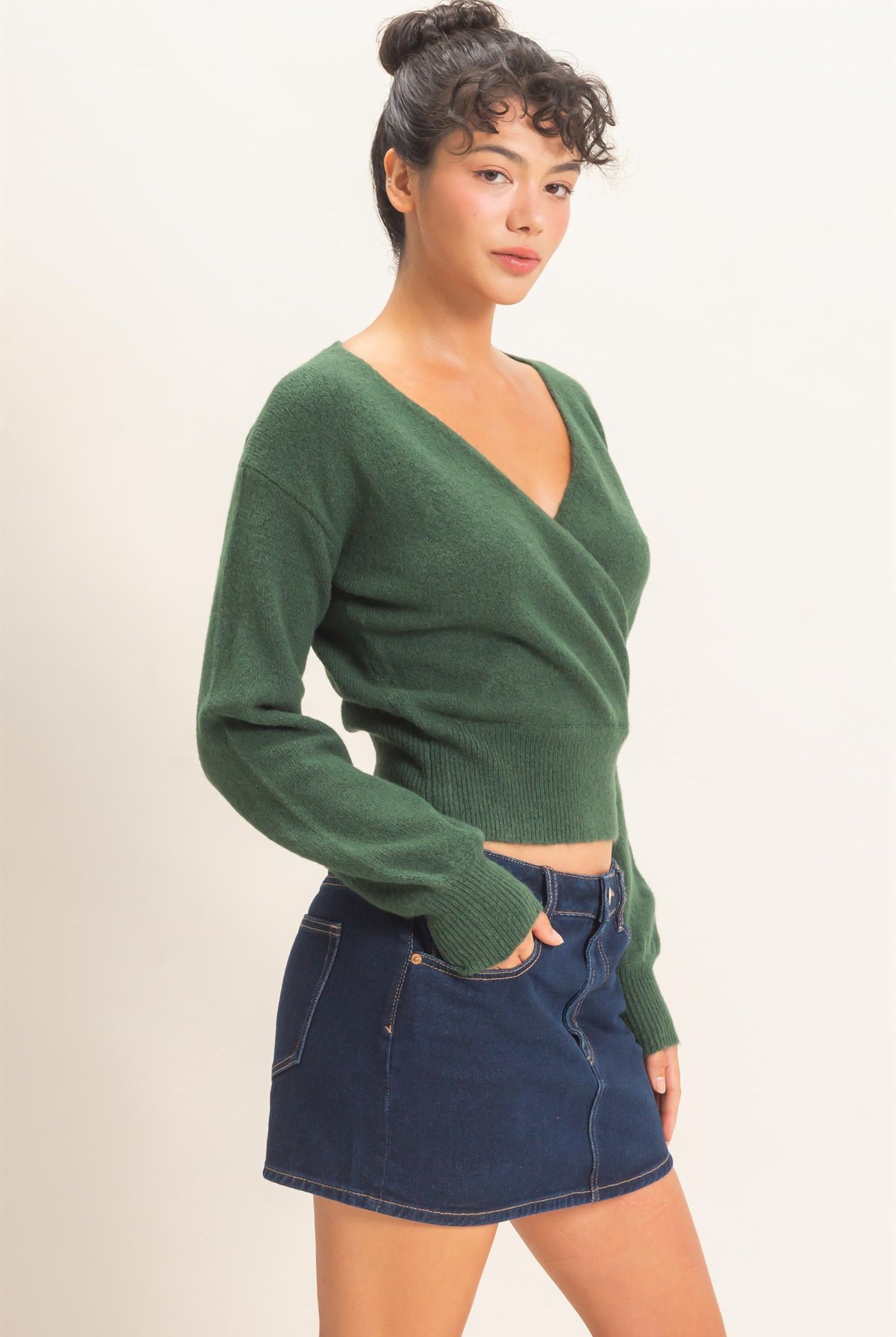 Wholesale Wrap V Neck Sweater Sweaters DZ26E948 DARK GREEN DOUBLE ZERO