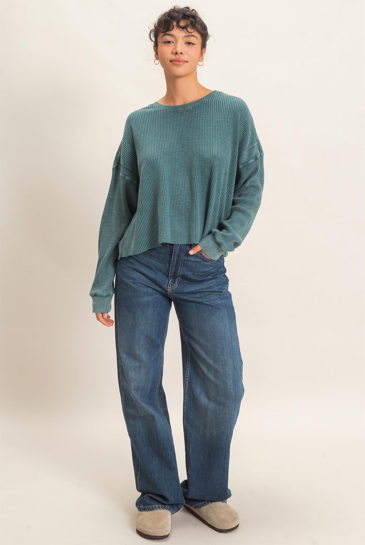 Wholesale Mineral Wash Waffle Open Back Top Clothing Tops DZ26C964 DARK TEAL DOUBLE ZERO