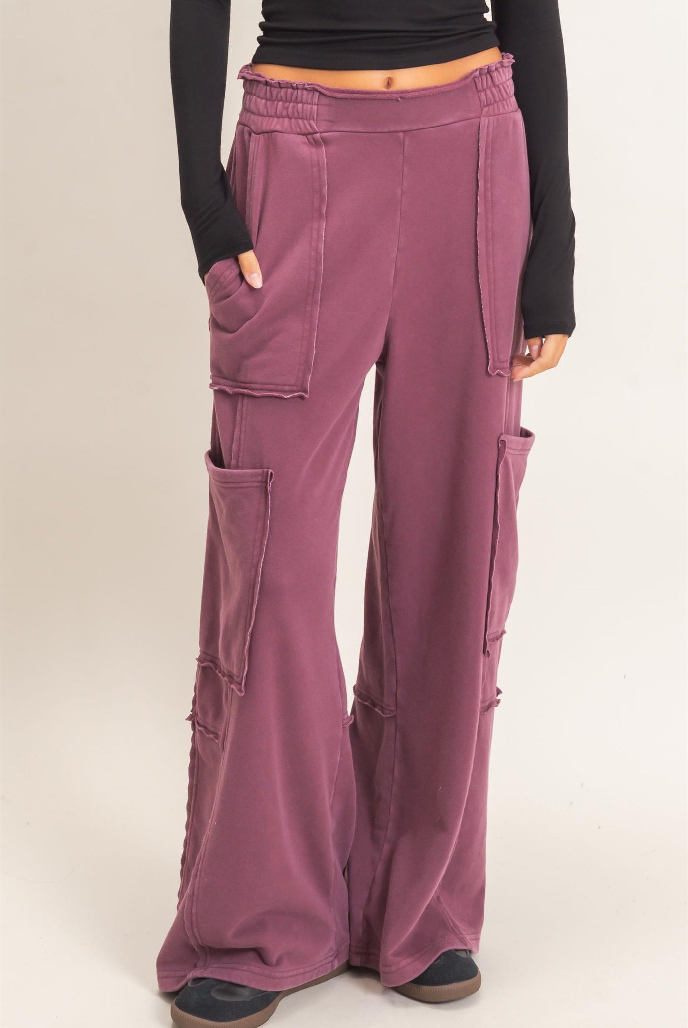 Wholesale Mineral Wash Cargo Pocket Pants Pants DZ26C963 DARK CHERRY DOUBLE ZERO