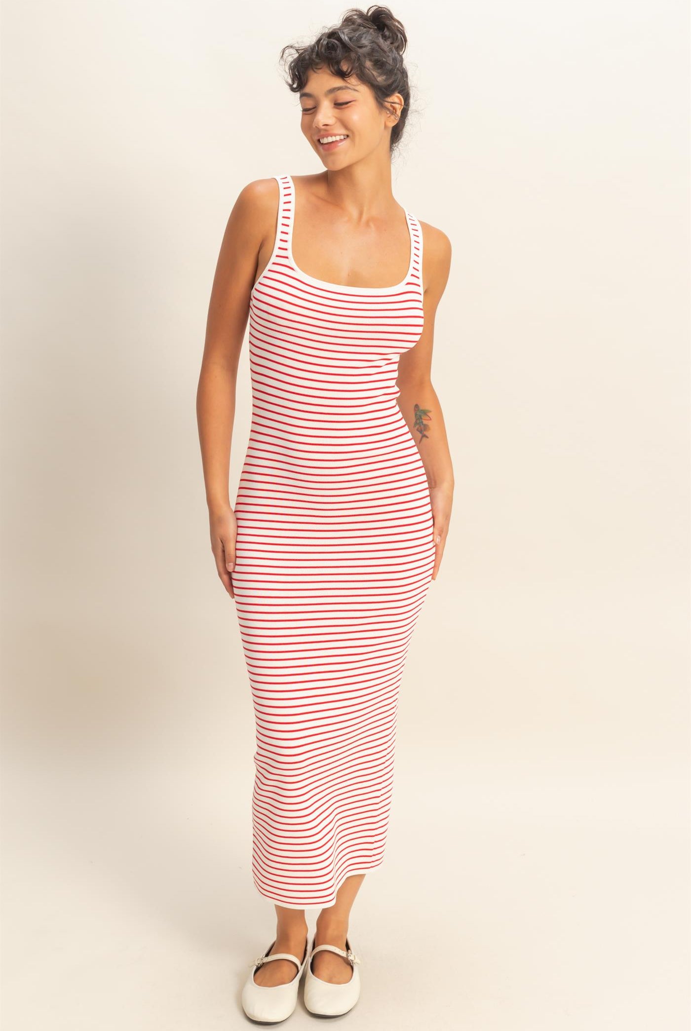Wholesale Striped Bodycon Midi Dress With Back Slit Dresses DZ26C340 RED DOUBLE ZERO