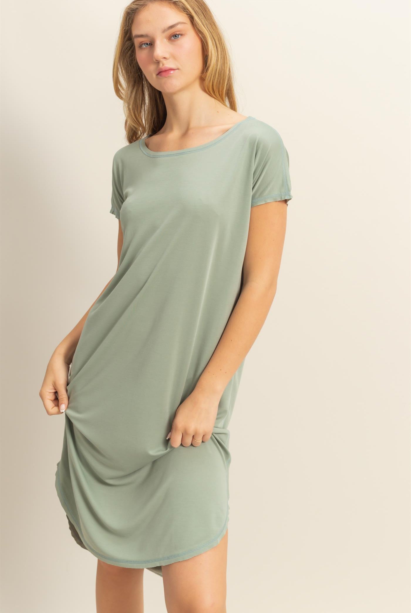 Wholesale Soft High Low Midi Dress With Round Hem Dresses DZ25E307 SAGE GREEN DOUBLE ZERO