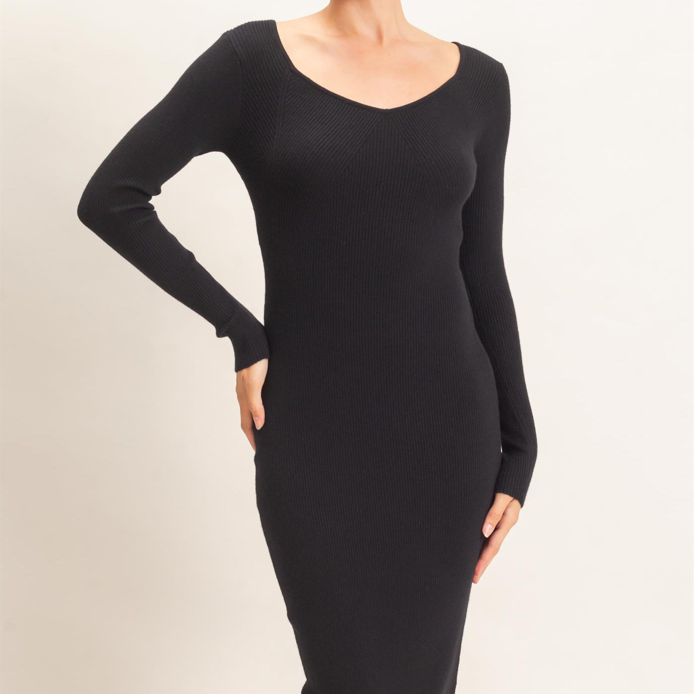 Wholesale Ribbed V-Neck Long Sleeve Dress Dresses HF26E217 BLACK HYFVE