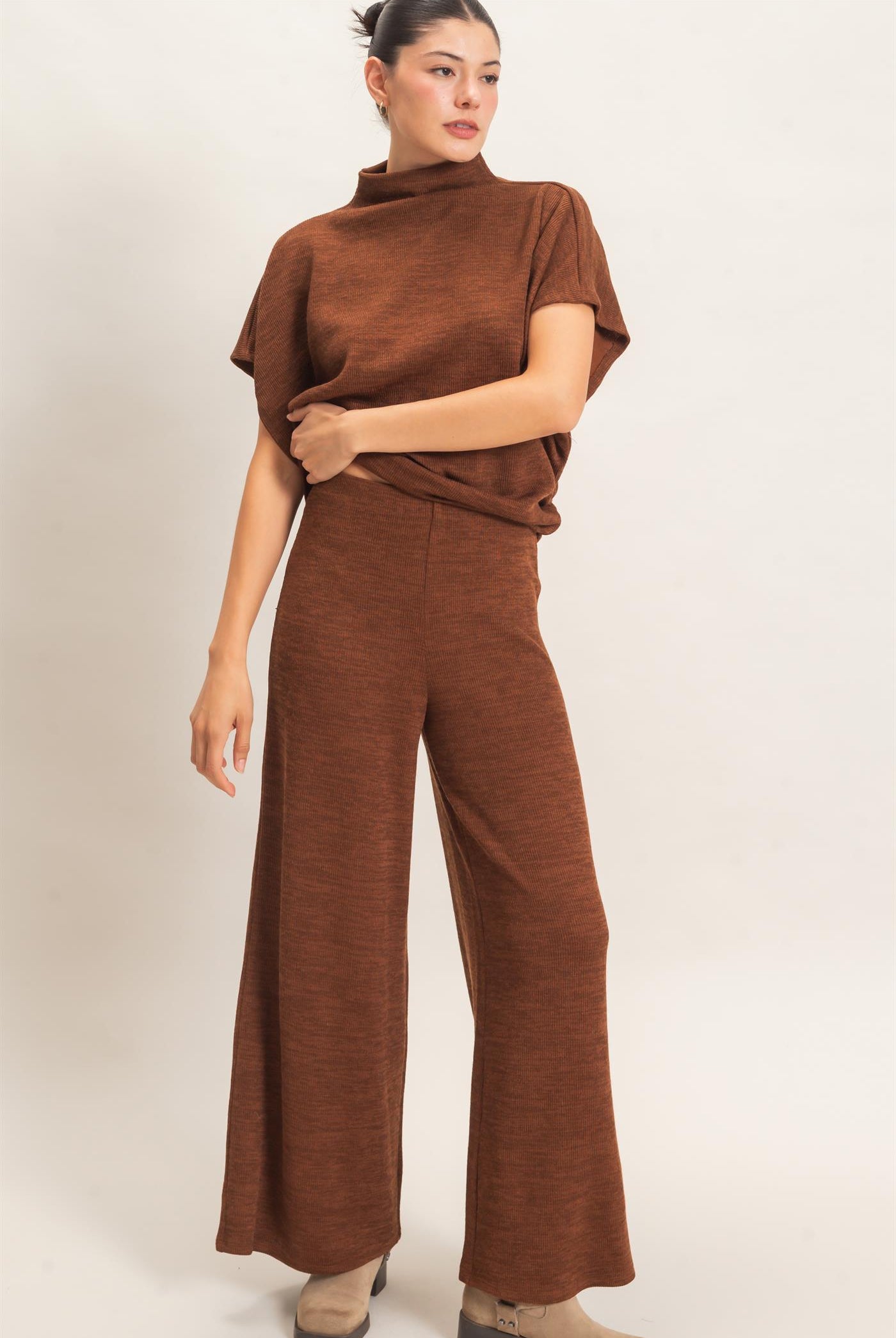 Wholesale Dolman Sleeve Top And Pant Set Clothing HF26F225-SET-D BROWN HYFVE