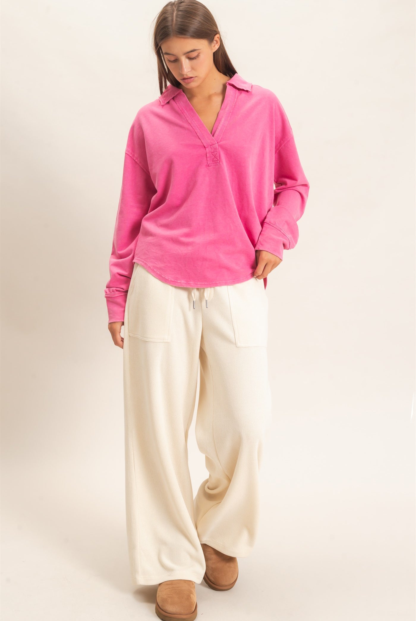 Wholesale Mineral Washed Polo Collar Long Sleeve Top Polos DZ26E887 FUCHSIA DOUBLE ZERO