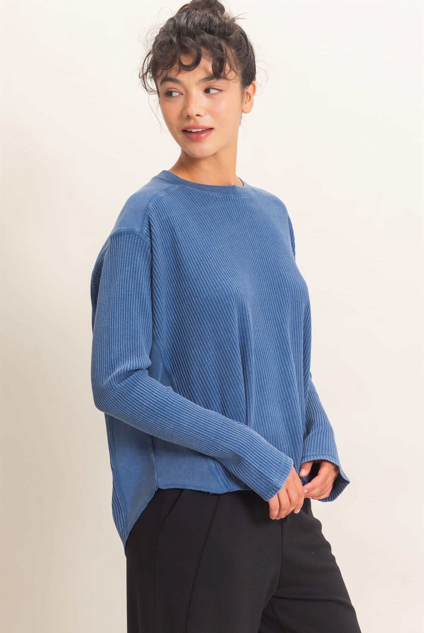 Wholesale Oversized Mineral Washed Waffle Knit Top Clothing Tops DZ26E654 NAVY DOUBLE ZERO