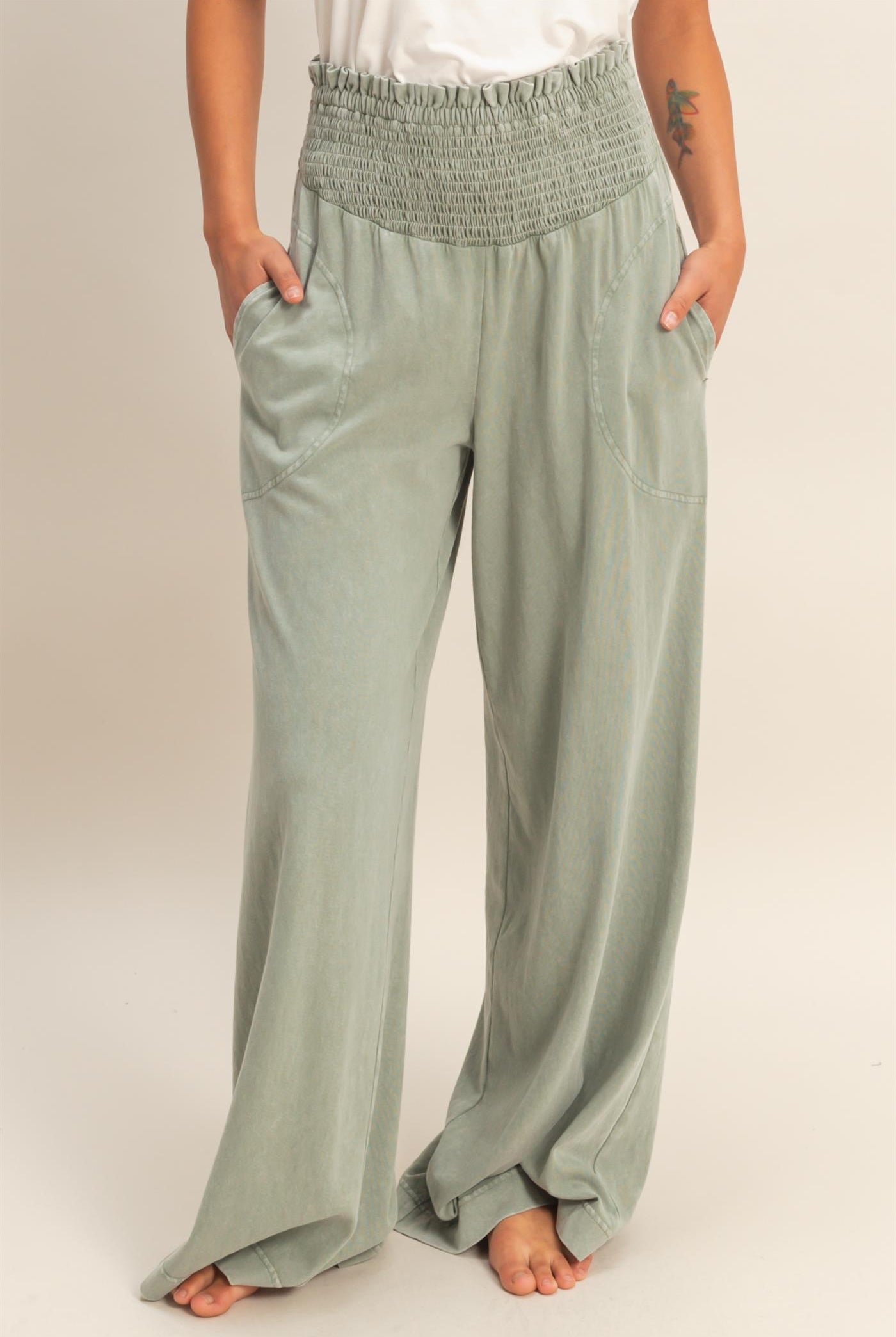 Wholesale Mineral Washed Wide-Leg Smocked Waist Pants Pants DZ26A249 SAGE GREEN DOUBLE ZERO