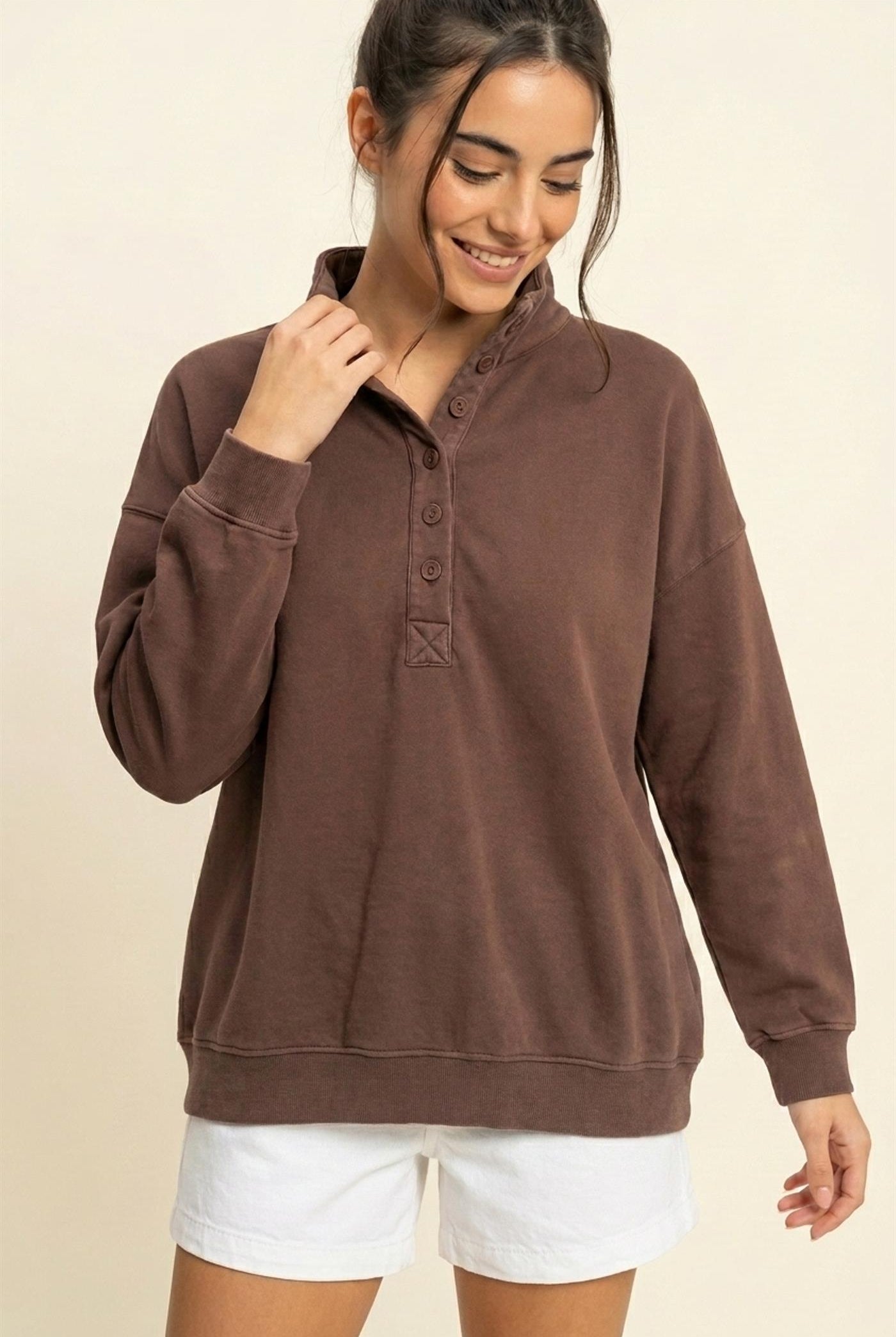 Wholesale Mineral Wash Button Front Sweatshirt Sweatshirts DZ26C909 DARK BROWN DOUBLE ZERO