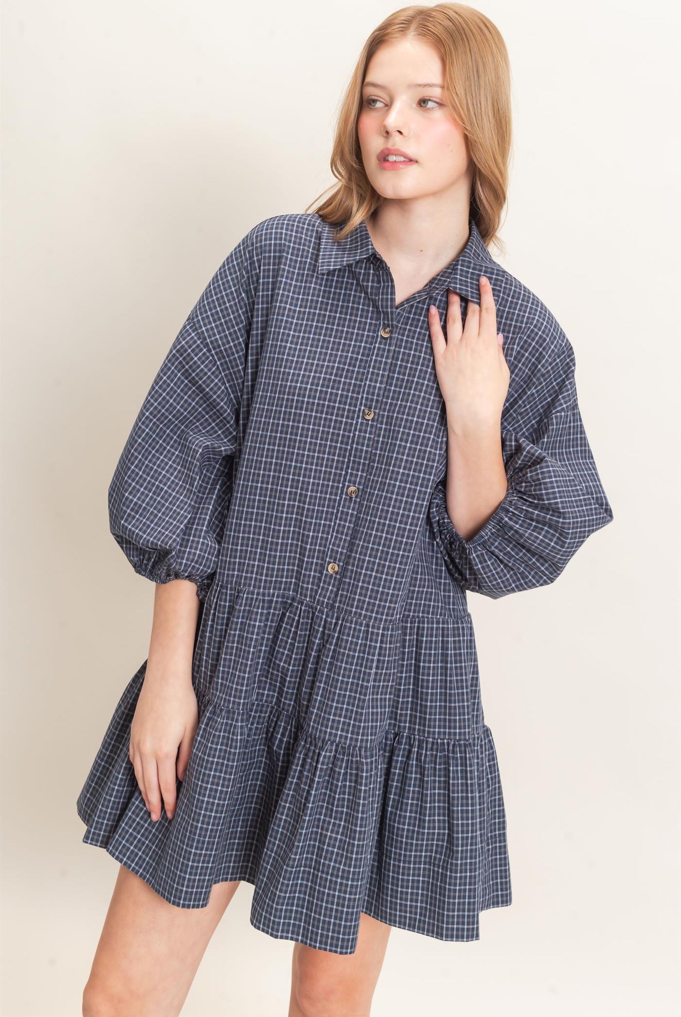 Wholesale Plaid Button-Down Tiered Dress Dresses HF26E795 NAVY HYFVE