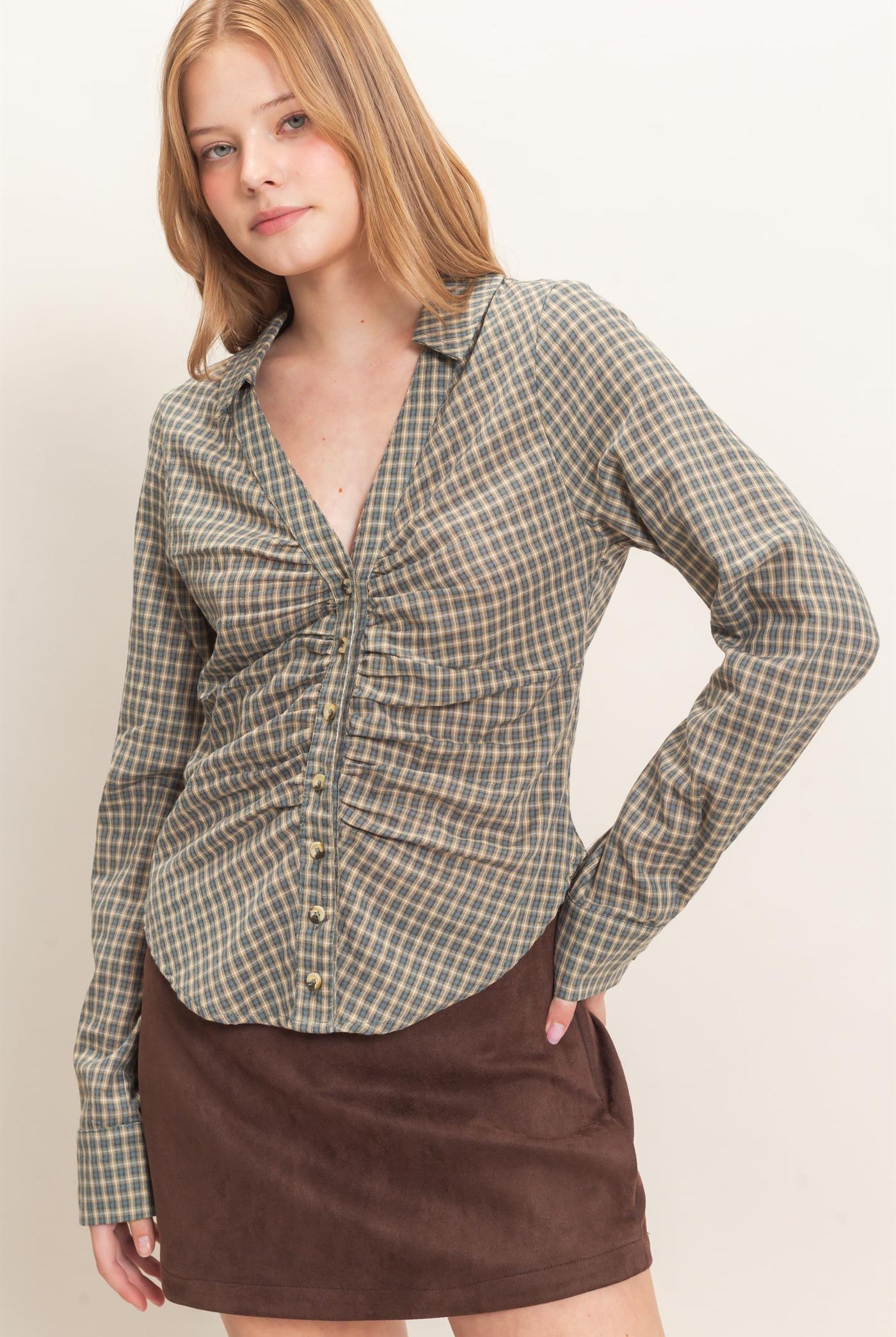 Wholesale Ruched Button-Down Shirt Blouses HF26E348 TEAL BLUE HYFVE