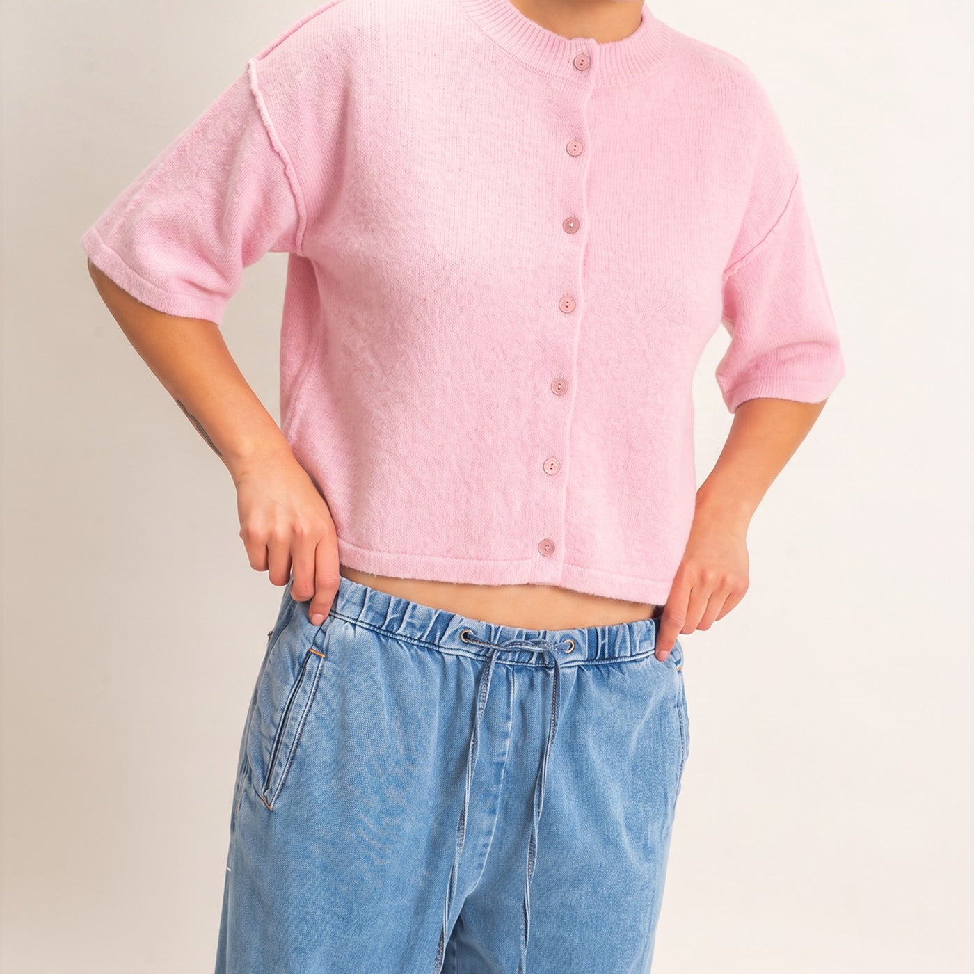 Wholesale Drop Shoulder Short Sleeve Cardigan Cardigans DZ26E238 PINK DOUBLE ZERO