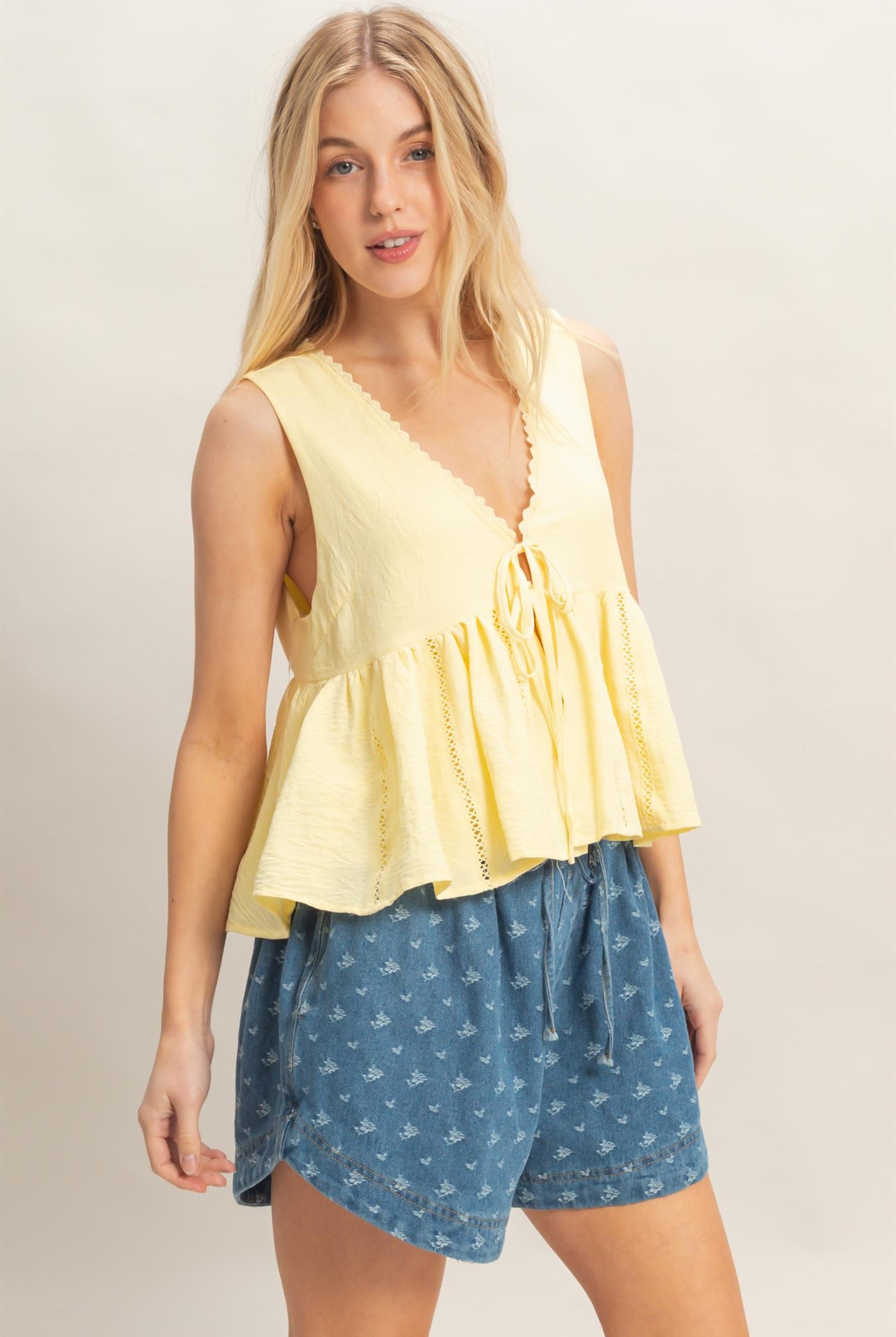 Wholesale Lace Trim Tie Front Top Clothing Tops HF26C100-D LIGHT YELLOW HYFVE