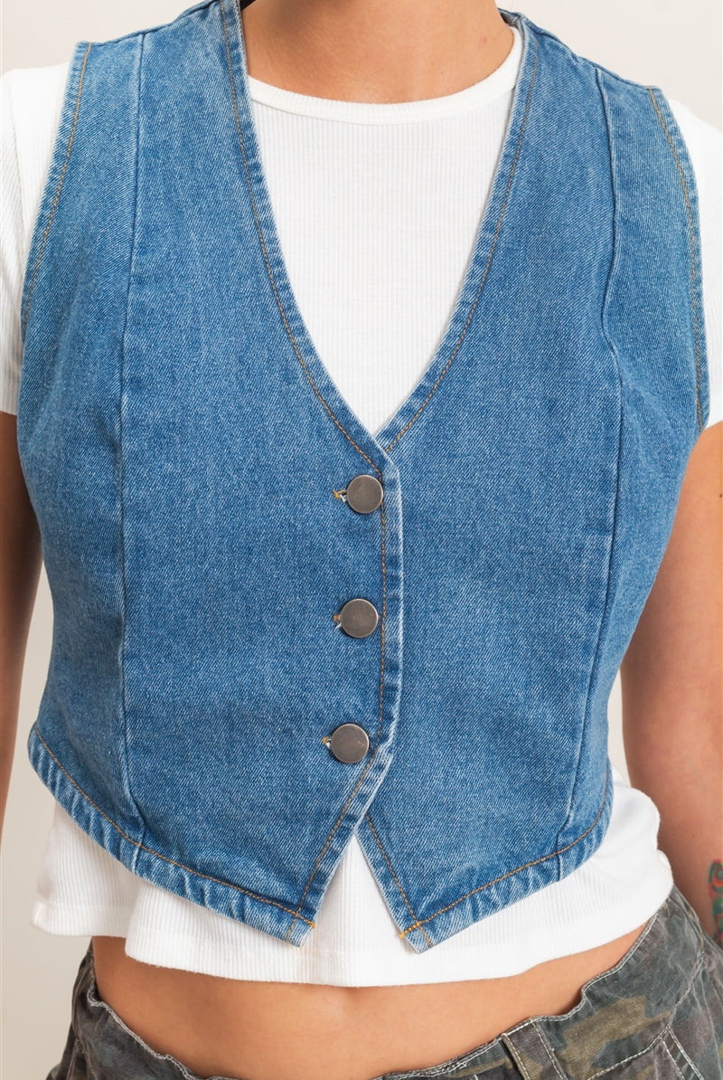 Wholesale Buttoned Denim Vest Vests DZ26E266 MEDIUM BLUE DOUBLE ZERO