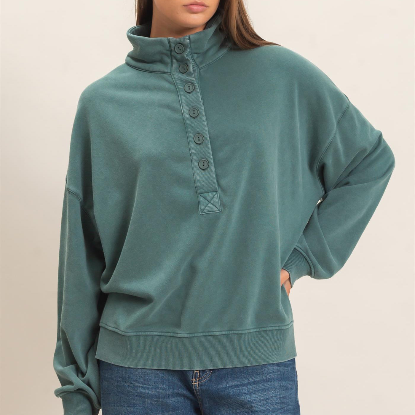 Wholesale Mineral Wash Button Front Sweatshirt Sweatshirts DZ26C909 DARK GREEN DOUBLE ZERO