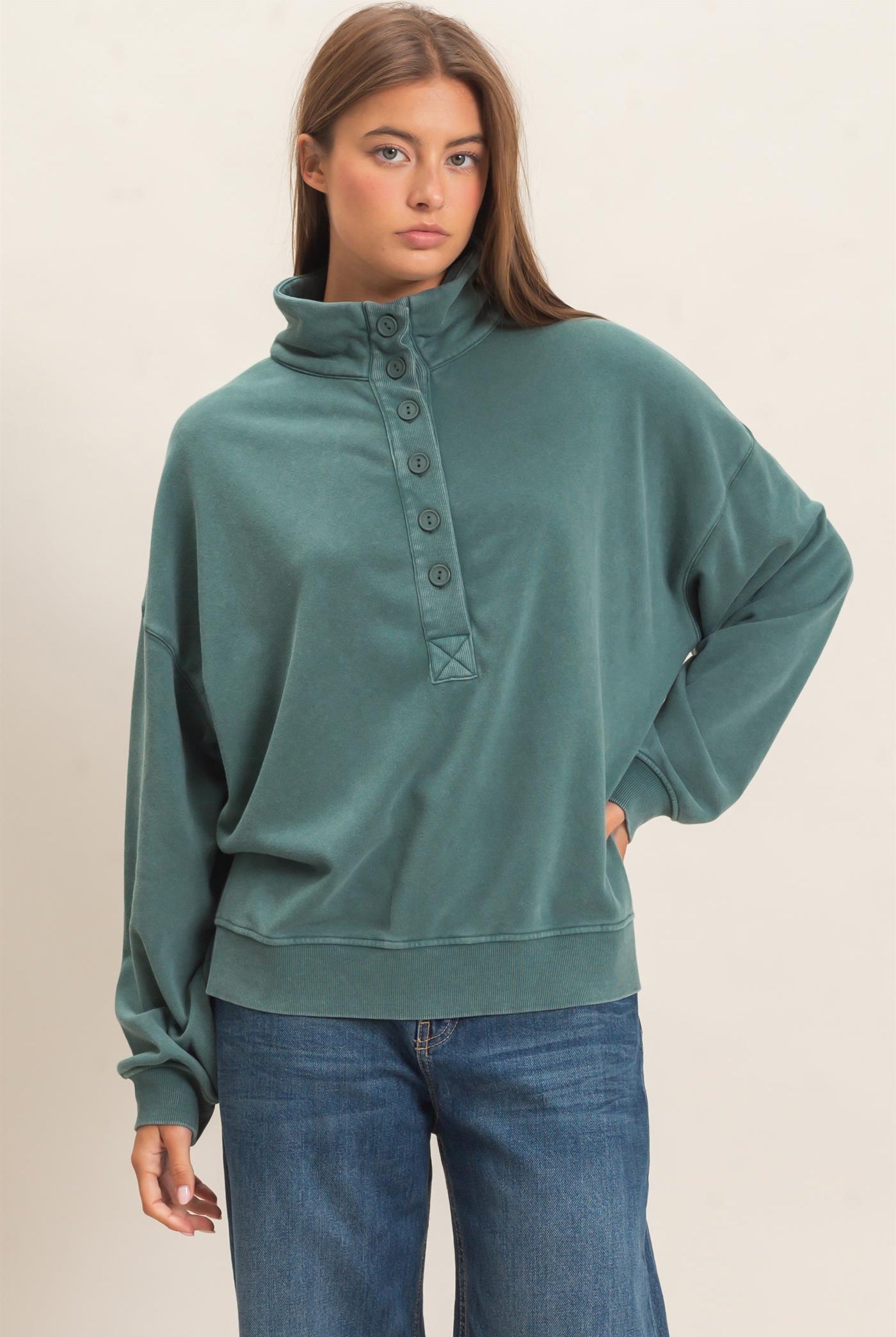 Wholesale Mineral Wash Button Front Sweatshirt Sweatshirts DZ26C909 DARK GREEN DOUBLE ZERO