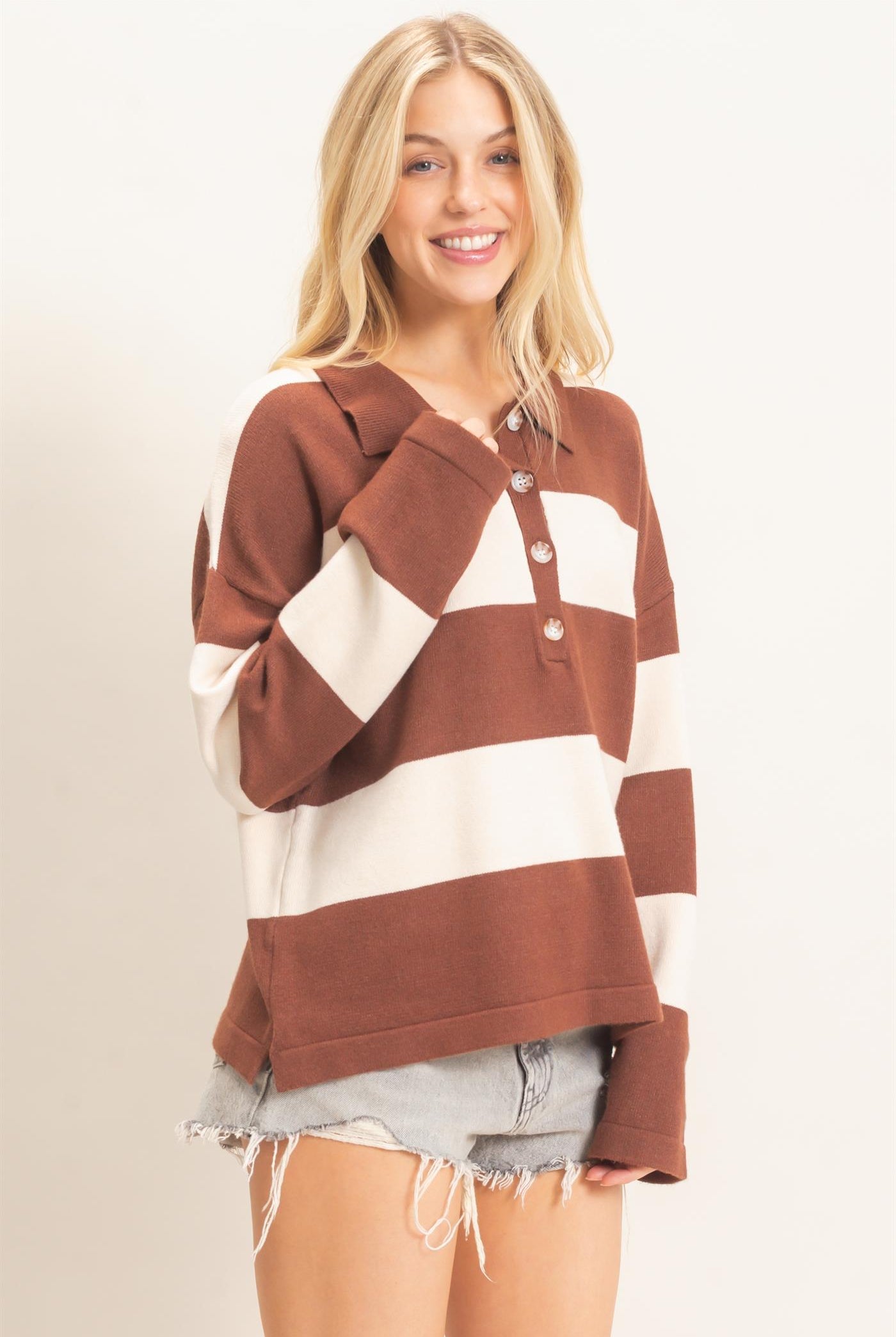 Wholesale Striped Button-Up Sweater Sweaters HF26F198 BROWN HYFVE