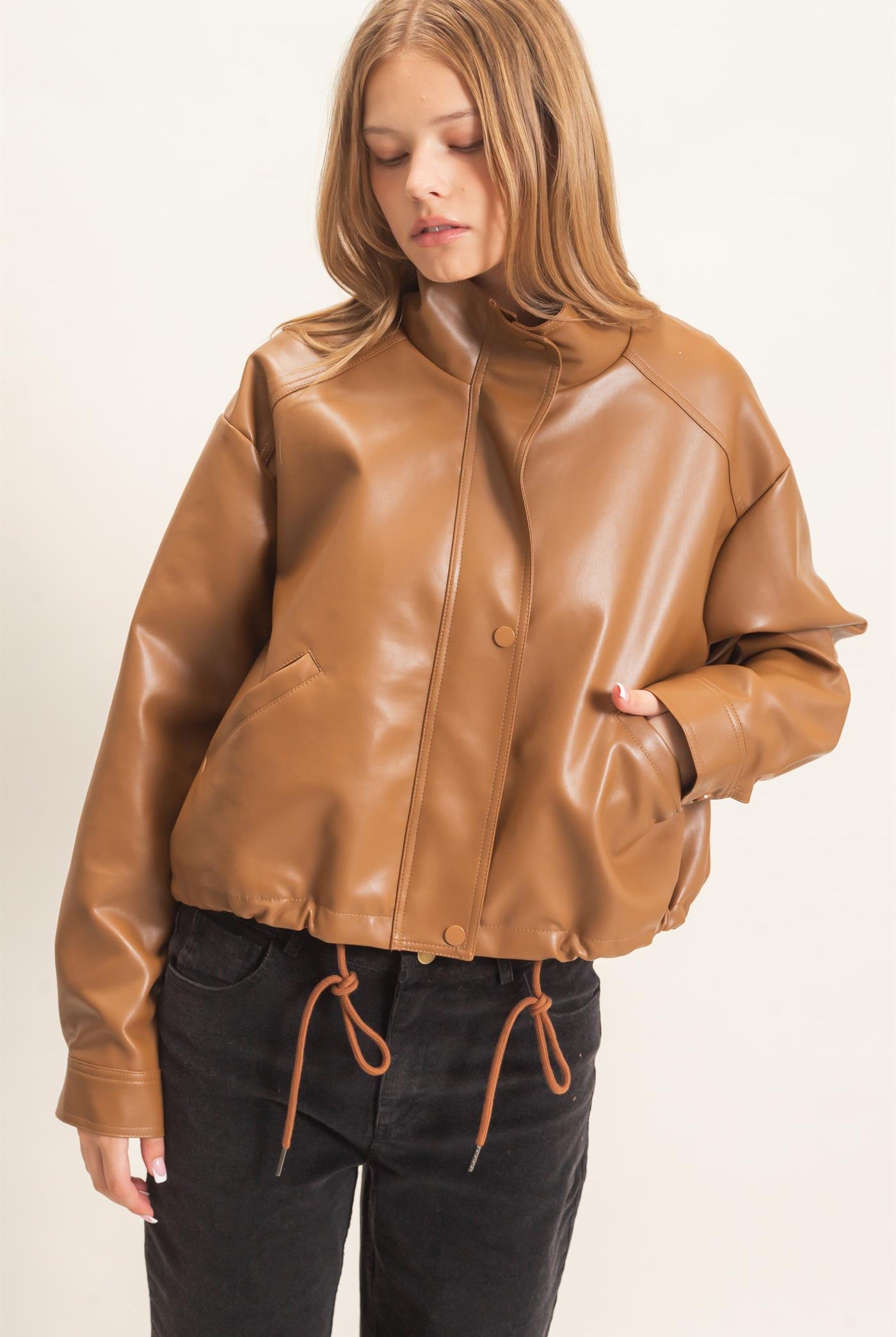Wholesale Faux Leather Jacket With Stand Collar Bomber Jackets HF25F452 BROWN HYFVE