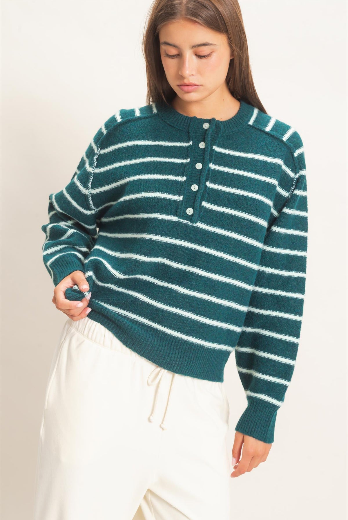 Wholesale Stripe Henley Sweater Sweaters DZ26F002 DARK GREEN DOUBLE ZERO