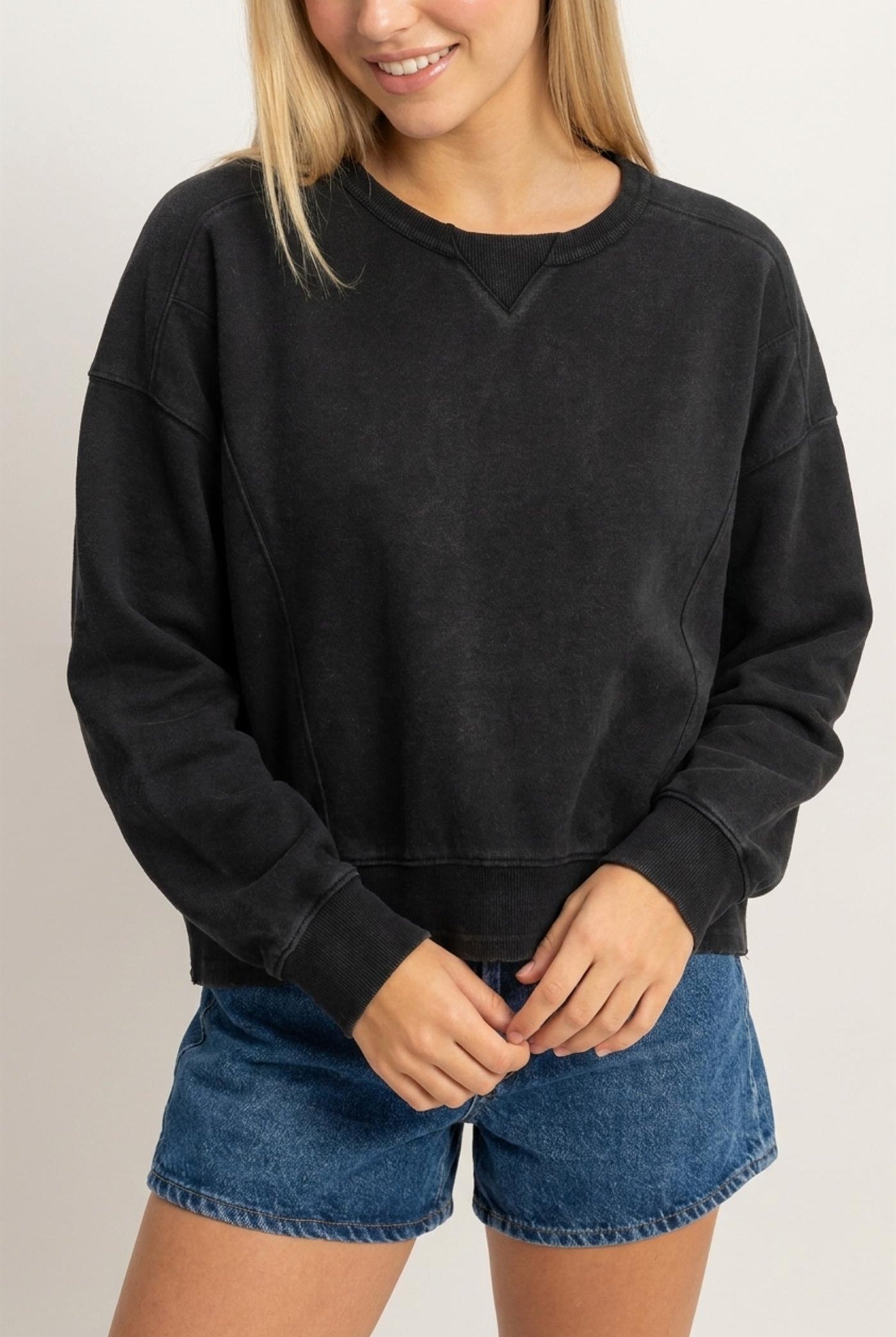 Wholesale Acid Wash Seam Detail Crew Neck Sweatshirt Sweatshirts DZ26E260 BLACK DOUBLE ZERO