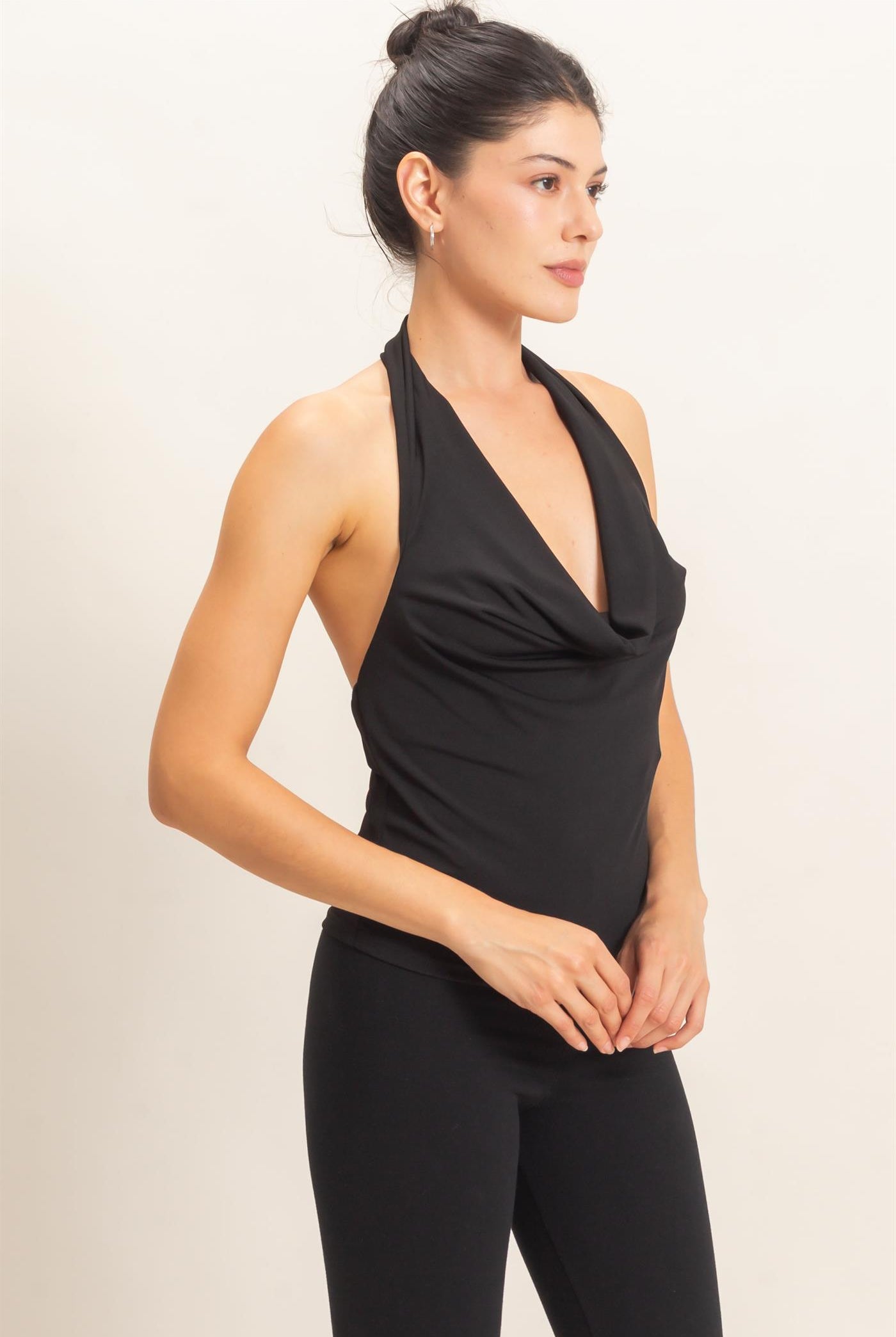 Wholesale Cowl Halter Neck Top Clothing Tops HF26E408 BLACK HYFVE