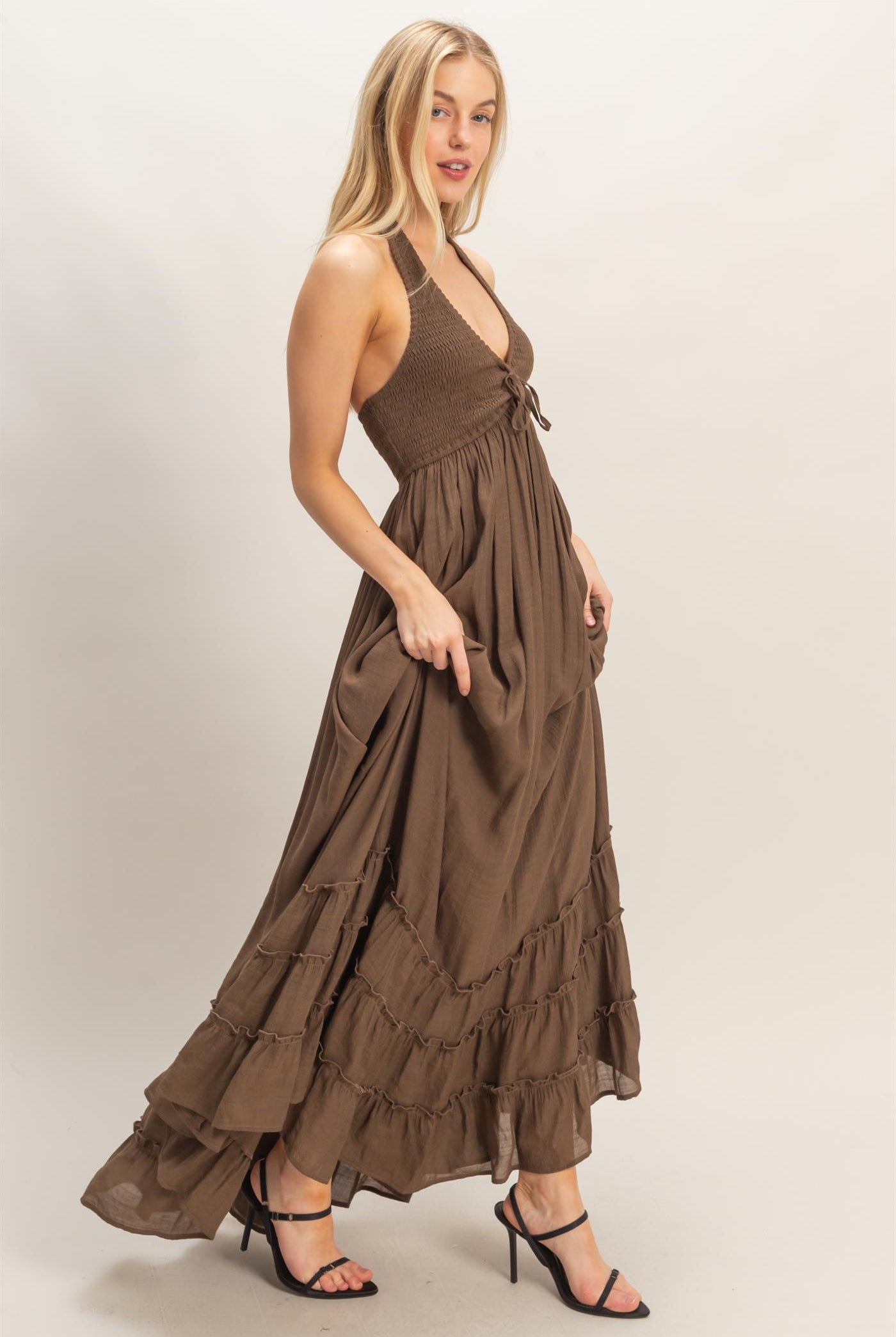 Wholesale Halter Neck Smocked Maxi Dress Dresses HF26C287-D CHOCOLATE HYFVE