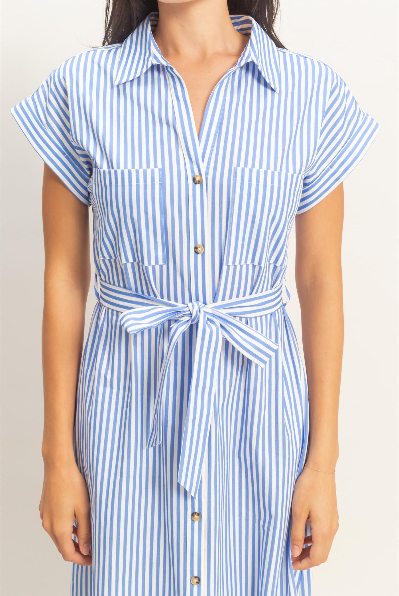 Wholesale Striped Poplin Belted Shirt Dress With Pockets Dresses DZ26C129 BLUE DOUBLE ZERO