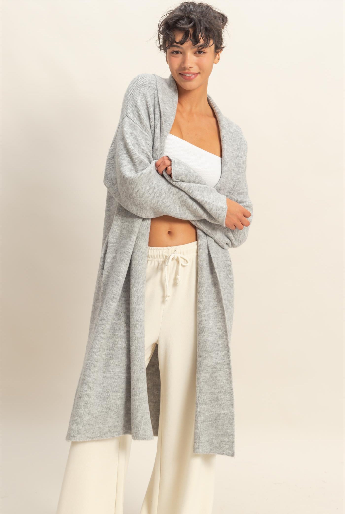 Wholesale Longline Open Front Duster Sweater Cardigans DZ25F435 HEATHER GRAY DOUBLE ZERO