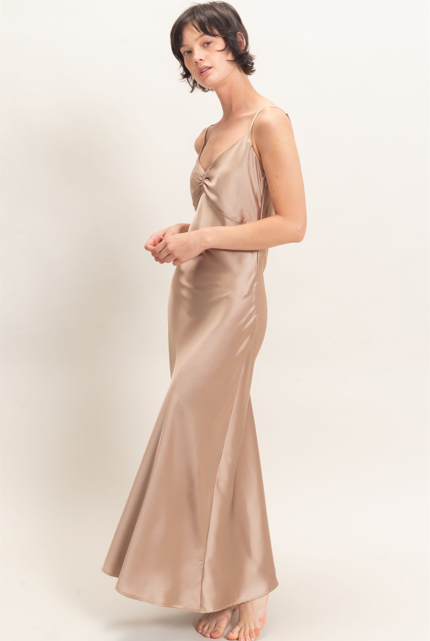 Wholesale Satin Slip Dress With Spaghetti Straps Dresses DZ26E380 DARK TAUPE DOUBLE ZERO