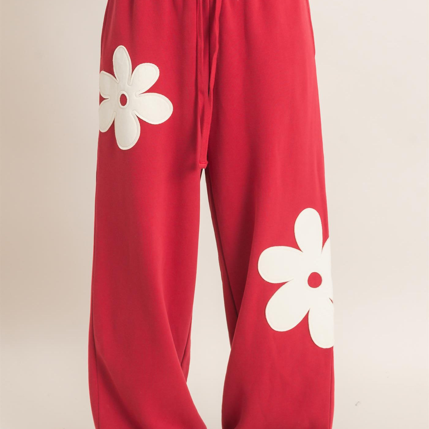 Wholesale Floral Applique Drawstring Jogger Pants Joggers DZ26F308 DARK RED DOUBLE ZERO