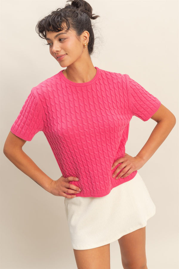 Cable Knit Short Sleeve Sweater Top