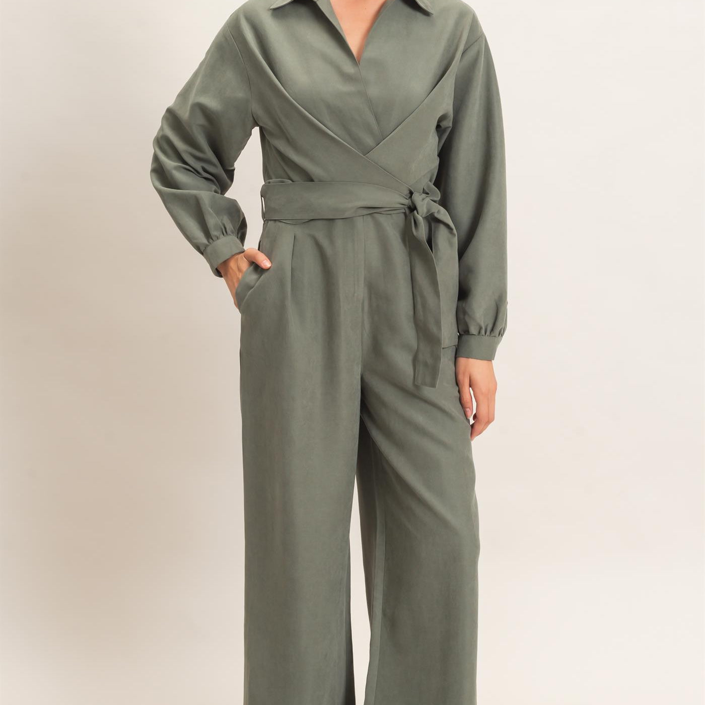 Wholesale Collared Wrap Suede Jumpsuit Clothing HF26C905 FOREST GREEN HYFVE